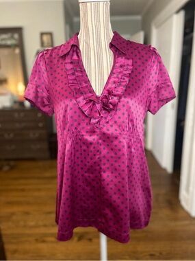 Banana Republic satin texture short sleeve blouse with collar and ruffled v neck